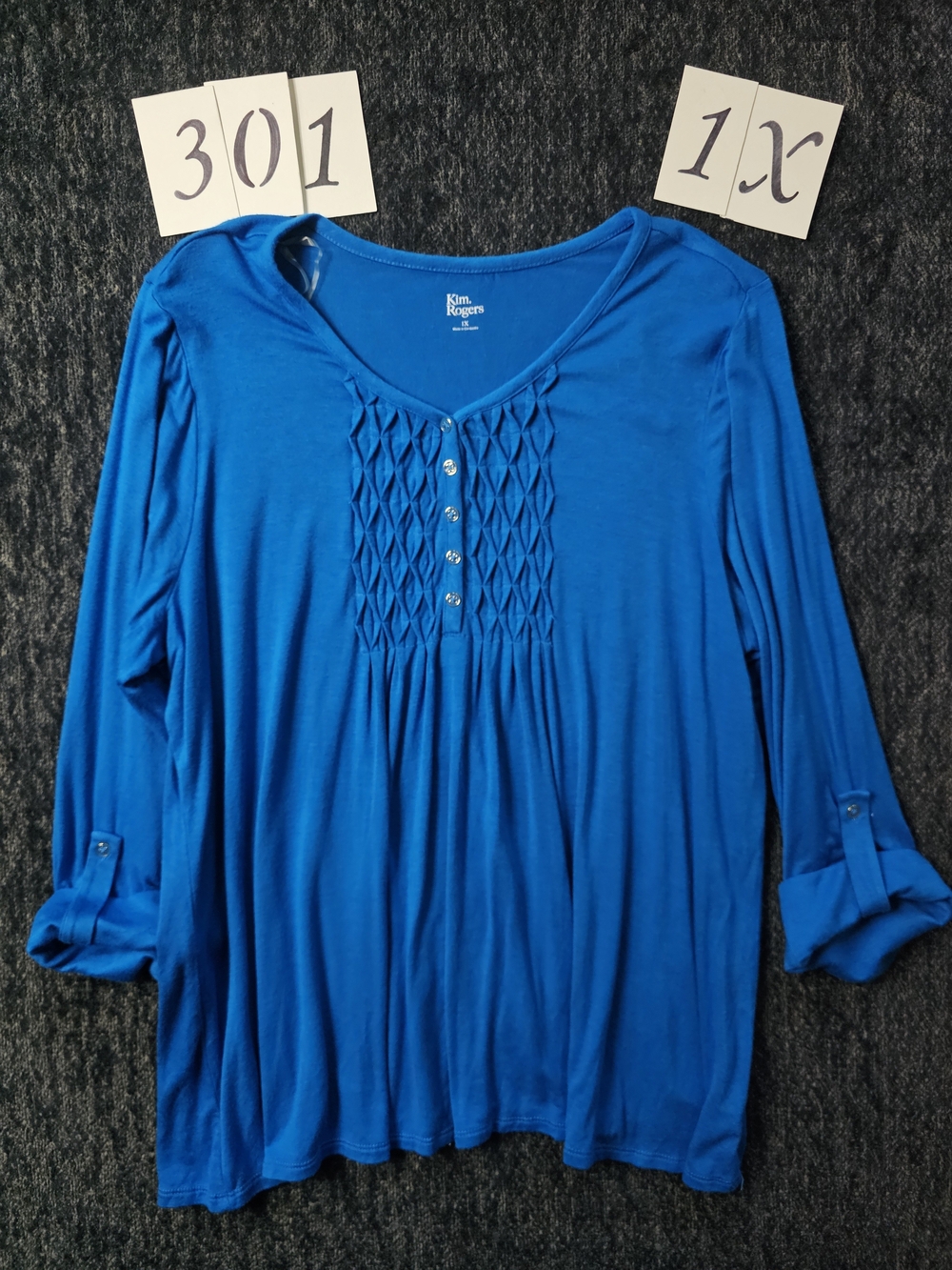 Kim Rogers Plus Size Blue Pintuck Henley Top - 1X
